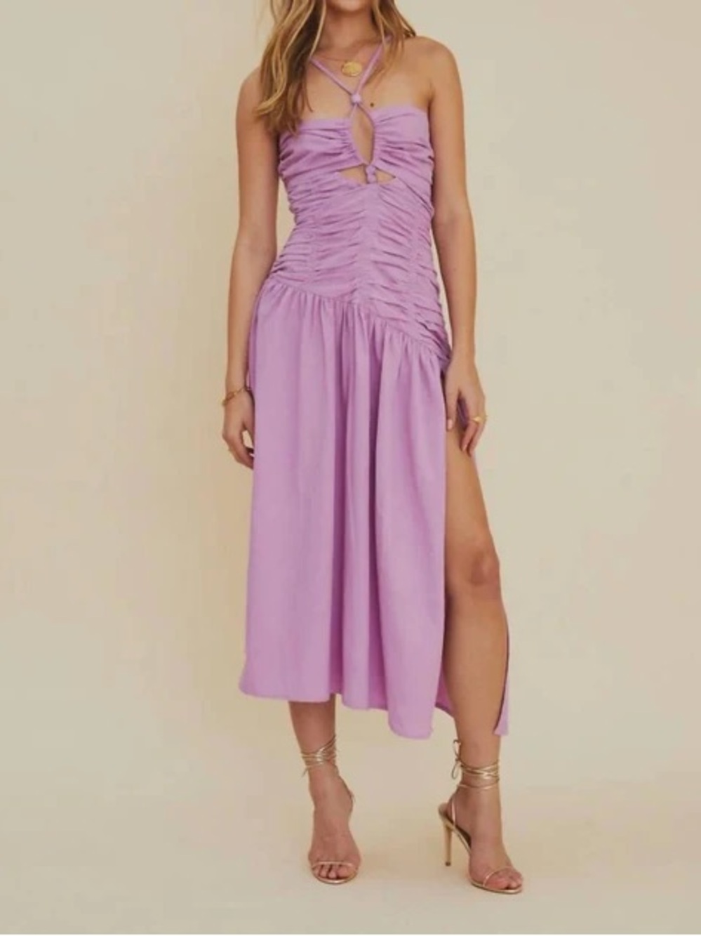 Suboo Ruched Lavender Halter Midi Dress with Side Slit